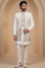 Pearl White Satin Zardosi and Bead Work Kurta Jacket Set