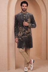 Grey Velvet Zardosi Worked Indo Western Set