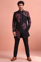 Black Silk Embroidered Jacket Indo Western Set