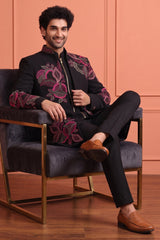 Black Silk Embroidered Jacket Indo Western Set