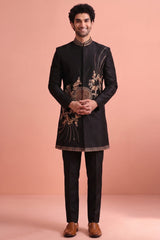 Black Satin Embroidered Jacket Indo Western Set