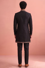 Black Satin Embroidered Jacket Indo Western Set