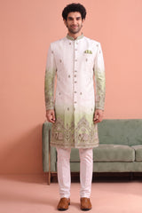 Off White and Green Indo Western Set with Embroidery