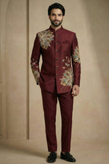 Maroon Satin Embroidered Jodhpuri Suit