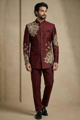 Maroon Satin Embroidered Jodhpuri Suit