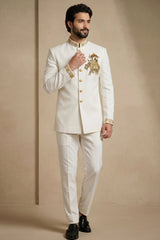 White Silk Beaded Jodhpuri Set