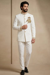 White Silk Beaded Jodhpuri Set