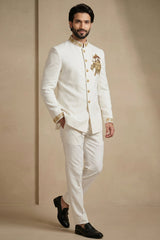 White Silk Beaded Jodhpuri Set