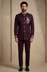 Maroon Beaded Satin Jodhpuri Suit