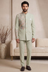 Light Pista Green Satin Beaded Jodhpuri Suit