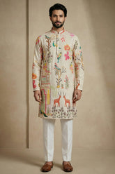 Beige Cotton Digital Printed Kurta Pajama