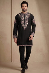 Black Silk Embroidered Kurta Set