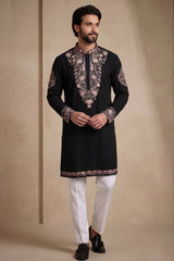 Black Silk Embroidered Kurta Set