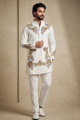 Pearl White Silk Embroidered Kurta Set