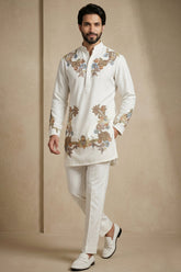 Pearl White Silk Embroidered Kurta Set