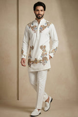 Pearl White Silk Embroidered Kurta Set