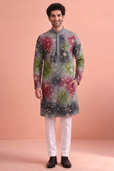 Grey Art Silk Embroidered and Printed Work Kurta Pajama