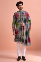 Grey Art Silk Embroidered and Printed Work Kurta Pajama with Stole