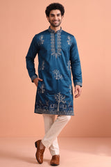 Blue Satin Embroidered Kurta Pajama