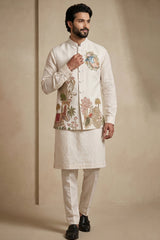 Off White Viscose Embroidered Kurta Pajama with Jacket