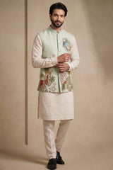 Off White Viscose Embroidered Kurta Pajama with Jacket