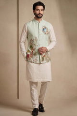 Off White Viscose Embroidered Kurta Pajama with Jacket
