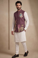 Off White Viscose Embroidered Kurta Pajama with Jacket