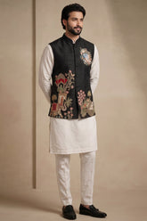 Off White Viscose Embroidered Kurta Pajama with Jacket