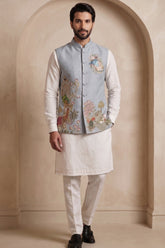 Off White Viscose Embroidered Kurta Pajama with Jacket