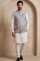 Off White Viscose Embroidered Kurta Pajama with Jacket