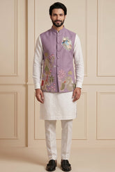 Off White Viscose Embroidered Kurta Pajama with Jacket