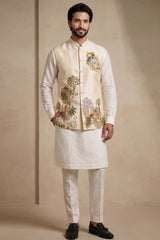 Off White Viscose Embroidered Kurta Pajama with Jacket