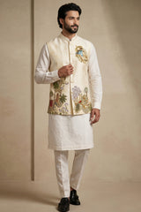 Off White Viscose Embroidered Kurta Pajama with Jacket