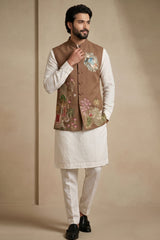Off White Viscose Embroidered Kurta Pajama with Jacket