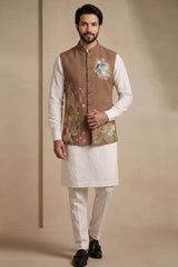 Off White Viscose Embroidered Kurta Pajama with Jacket
