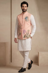 Off White Viscose Embroidered Kurta Pajama with Jacket