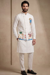 Off White Viscose Embroidered Kurta Pajama with Jacket