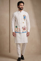 Off White Viscose Embroidered Kurta Pajama with Jacket