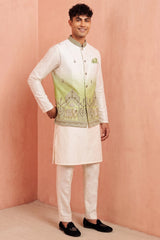 Off White Banarasi Silk Embroidered Kurta Pajama with Jacket