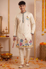 Cream Art-Silk Embroidered Kurta Pajama