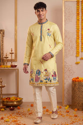Yellow Art-Silk Embroidered Kurta Pajama