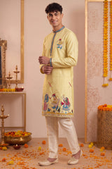 Yellow Art-Silk Embroidered Kurta Pajama