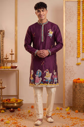 Wine Art-Silk Embroidered Kurta Pajama