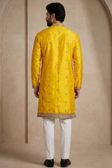 Yellow Satin Embroidered Kurta Pajama