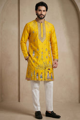 Yellow Satin Embroidered Kurta Pajama