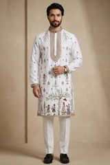 Pearl White Satin Embroidered Kurta Pajama