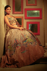 Beige and Mustard Lehenga with Embroidery and Cutdana Work in Silk