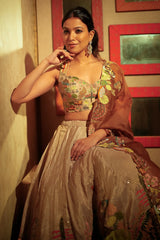 Beige and Mustard Lehenga with Embroidery and Cutdana Work in Silk