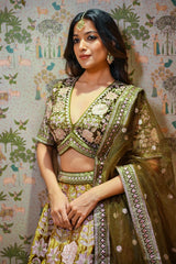 Olive Green Floral Motifs Lehenga with Sequins and Stone Work in Silk