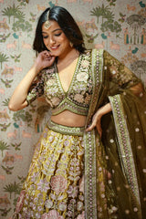Olive Green Floral Motifs Lehenga with Sequins and Stone Work in Silk